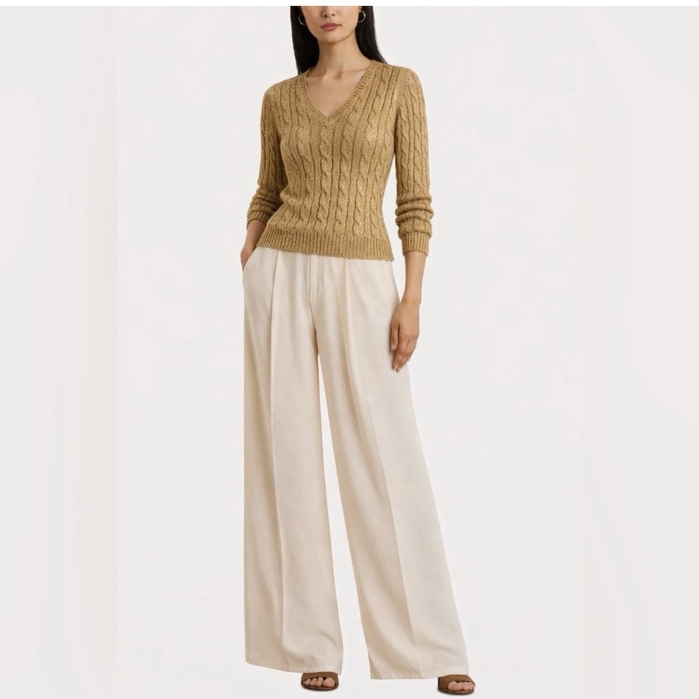 Ralph Lauren Heavy metallic  Gold Cable Knit V-Neck Sweater 2x